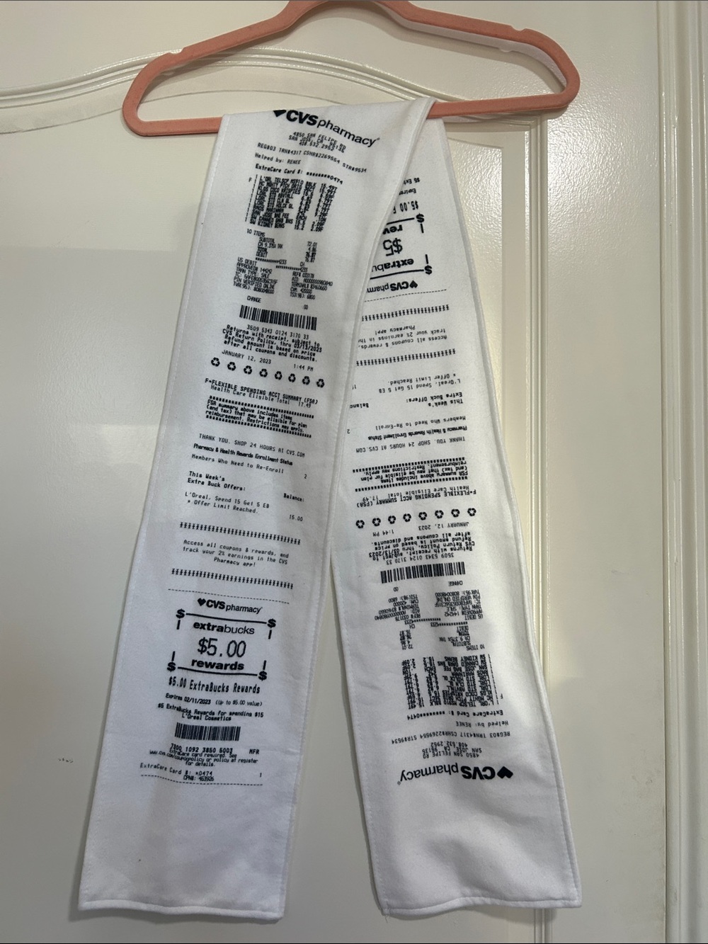 Novelty CVS Receipt Print Scarf - White with Black Print